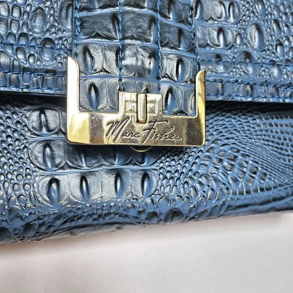 MARC FISHER Blue Faux Alligator / Croc Print Clutch or Shoulder Handbag Purse - Picture 3 of 9